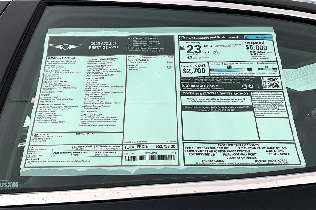 2026 Genesis G70 2.5T PRESTIGE