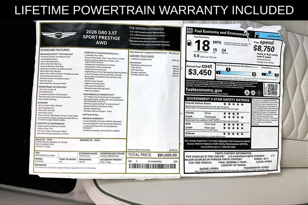 2026 Genesis G80 3.5T SPORT PRESTIGE